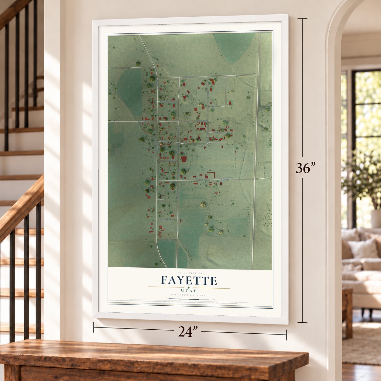 Fayette, Utah map, 24 x 36 inch print in a white frame by a staircase