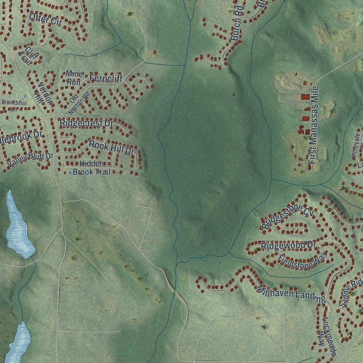 Second close-up of the map of Fayetteville, Georgia print showing more streets and buildings