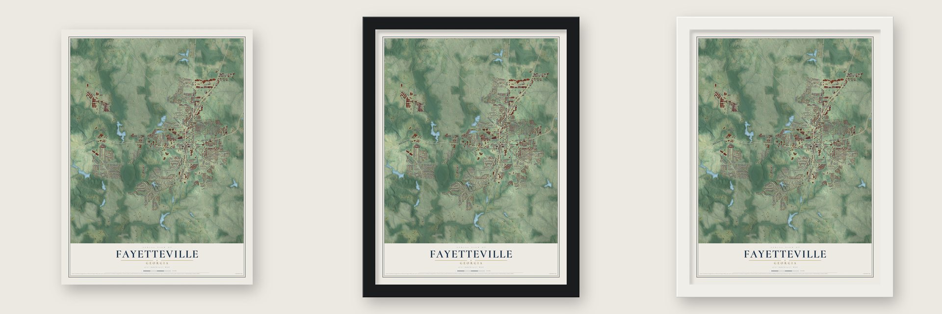 Fayetteville, Georgia map unframed, in a black wood frame and in a white wood frame