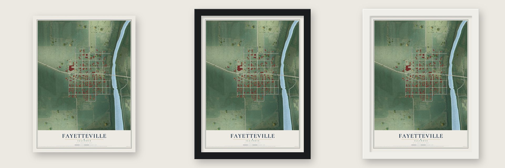 Fayetteville, Illinois map unframed, in a black wood frame and in a white wood frame