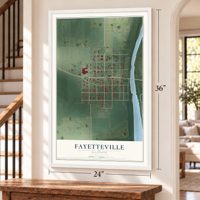 Fayetteville, Illinois map, 24 x 36 inch print in a white frame by a staircase