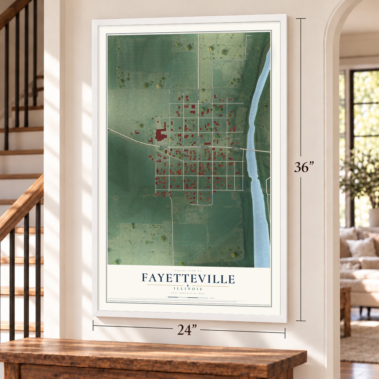 Fayetteville, Illinois map, 24 x 36 inch print in a white frame by a staircase
