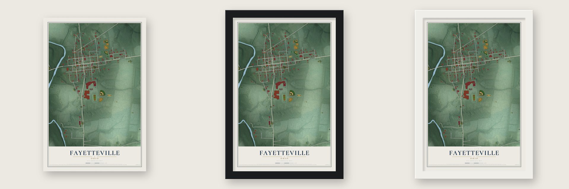 Fayetteville, Ohio map unframed, in a black wood frame and in a white wood frame