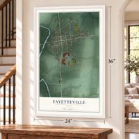 Fayetteville, Ohio map, 24 x 36 inch print in a white frame by a staircase