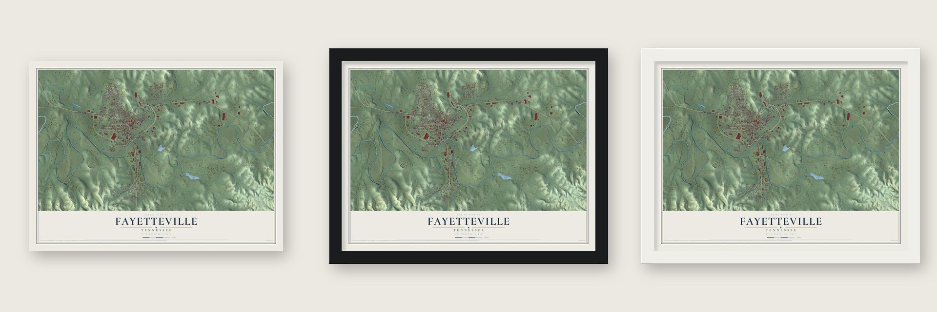 Fayetteville, Tennessee map unframed, in a black wood frame and in a white wood frame