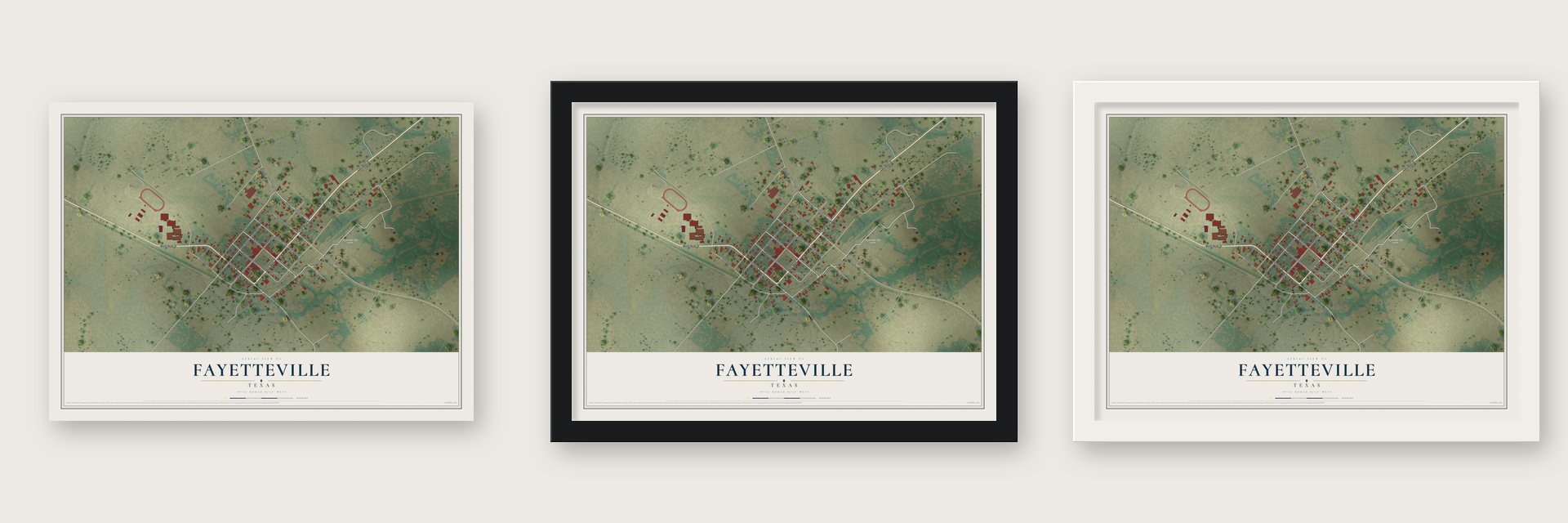 Fayetteville, Texas map unframed, in a black wood frame and in a white wood frame