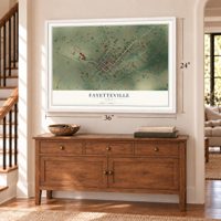Fayetteville, Texas map, 24 x 36 inch print in a white frame above a dresser by a staircase