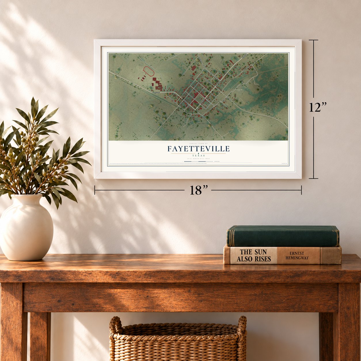Fayetteville, Texas map, 12 x 18 inch print in a white frame in an entryway