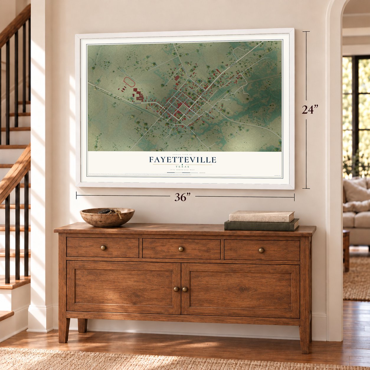 Fayetteville, Texas map, 24 x 36 inch print in a white frame above a dresser by a staircase