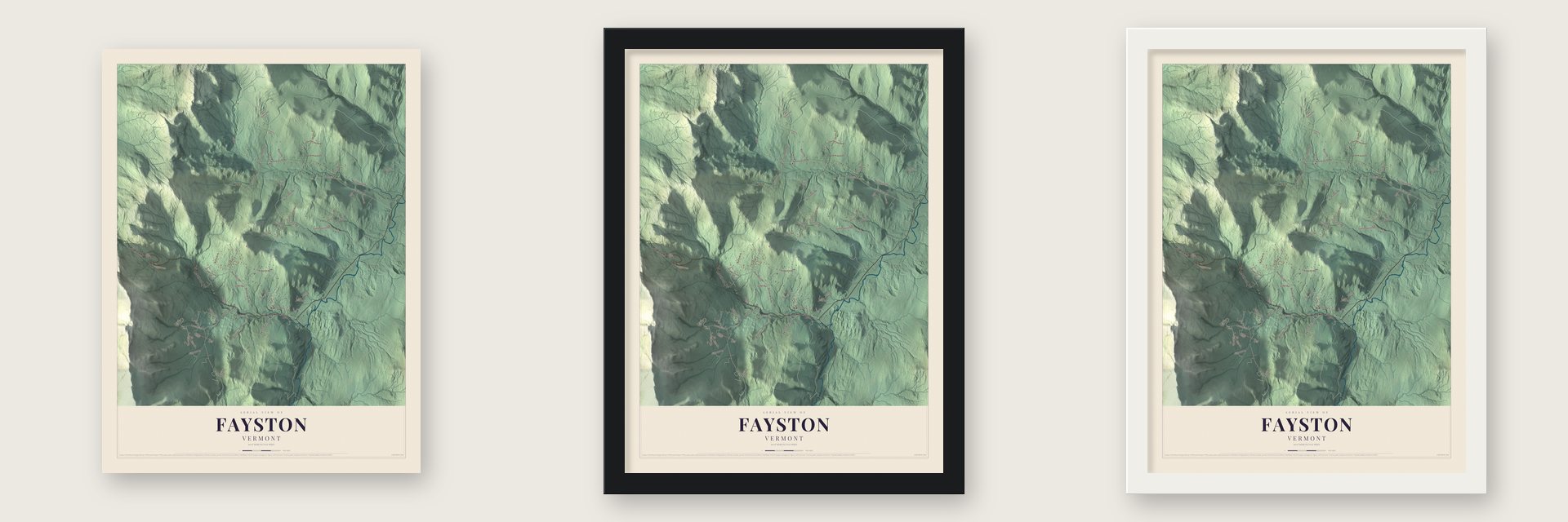 Fayston, Vermont map unframed, in a black wood frame and in a white wood frame