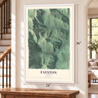 Fayston, Vermont map, 24 x 36 inch print in a white frame by a staircase