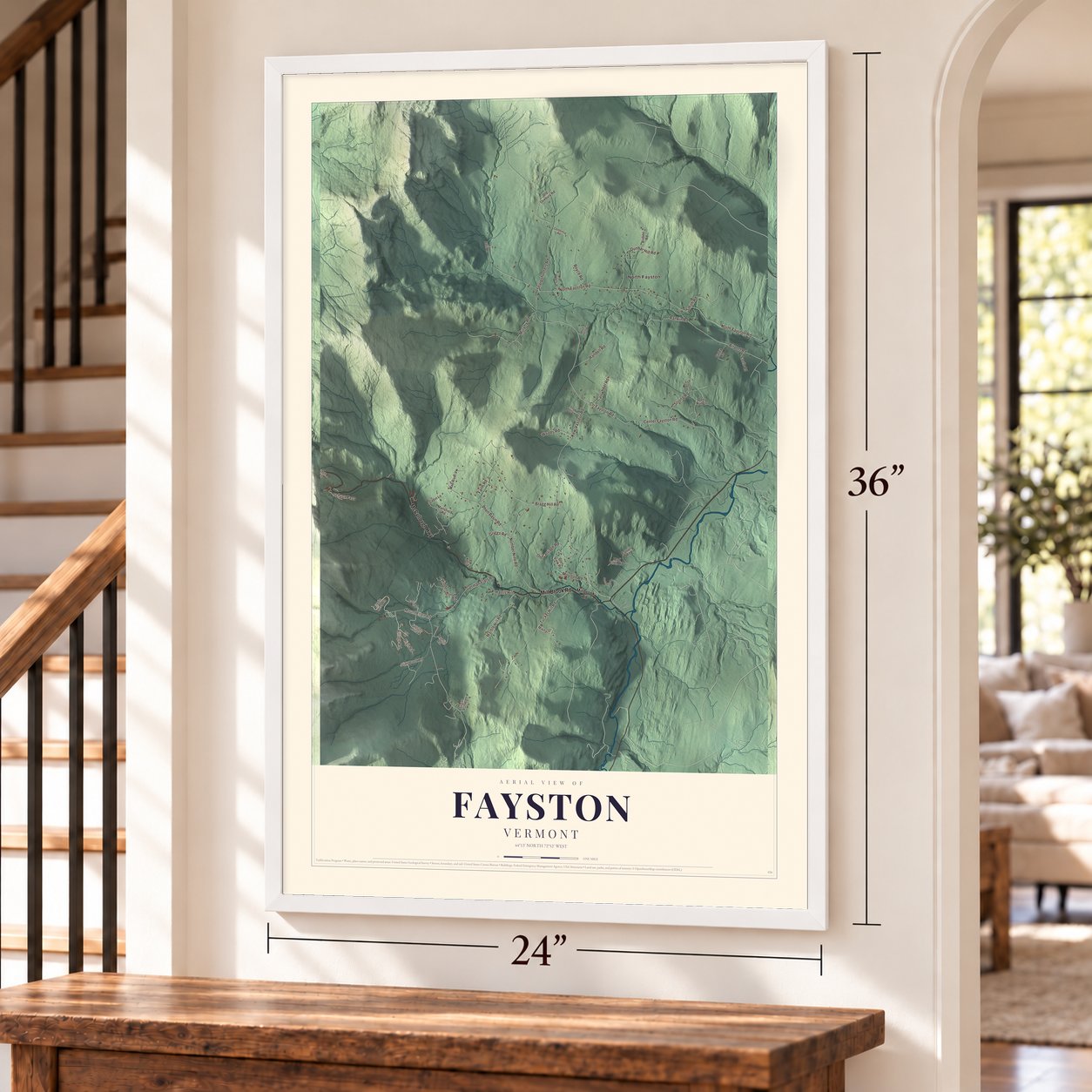 Fayston, Vermont map, 24 x 36 inch print in a white frame by a staircase