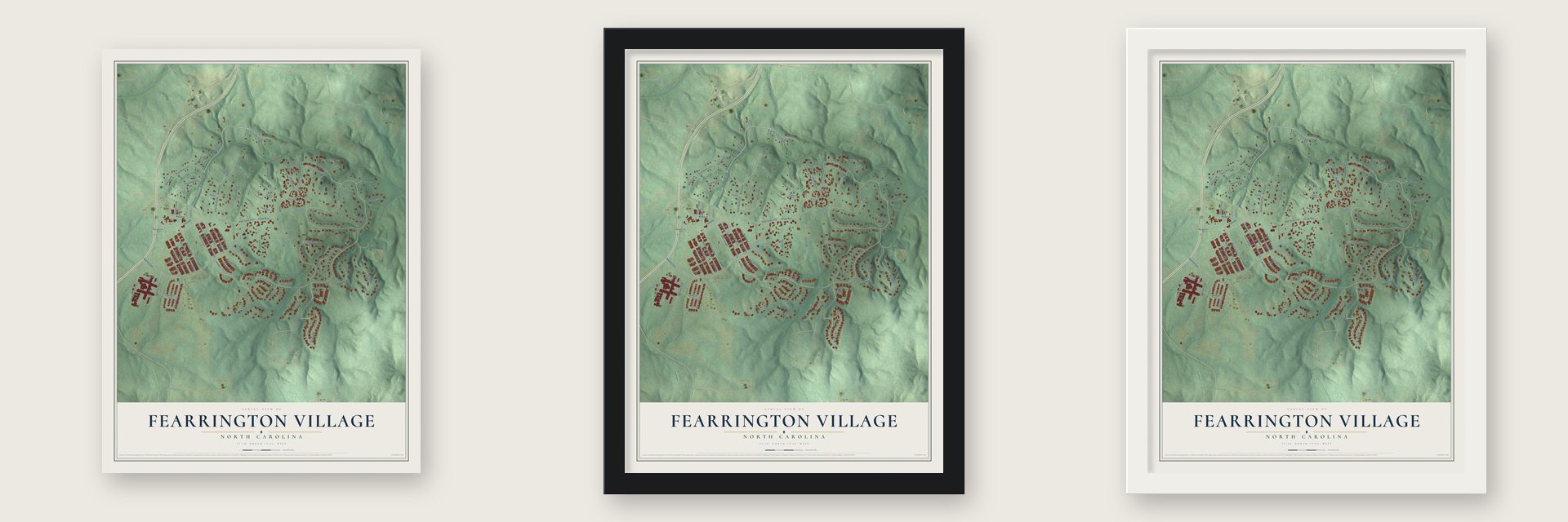 Fearrington Village, North Carolina map unframed, in a black wood frame and in a white wood frame