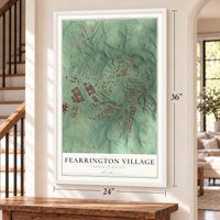 Fearrington Village, North Carolina map, 24 x 36 inch print in a white frame by a staircase