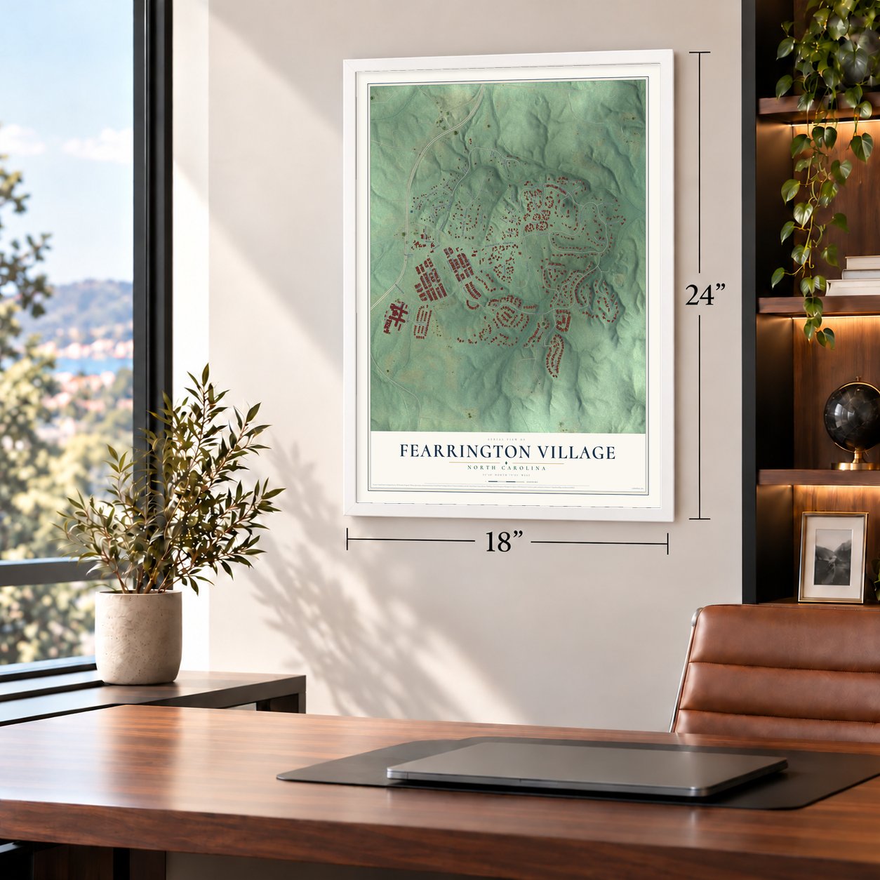 Fearrington Village, North Carolina map, 18 x 24 inch print in a white frame in a home office