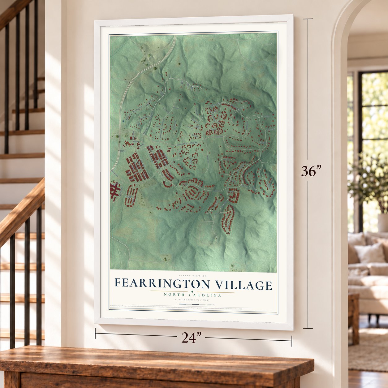 Fearrington Village, North Carolina map, 24 x 36 inch print in a white frame by a staircase