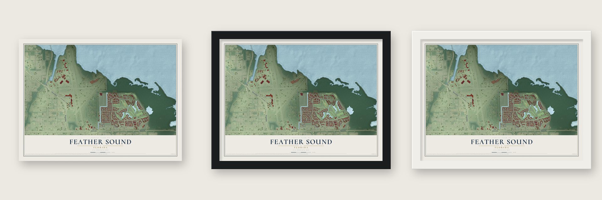Feather Sound, Florida map unframed, in a black wood frame and in a white wood frame