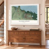 Feather Sound, Florida map, 24 x 36 inch print in a white frame above a dresser by a staircase