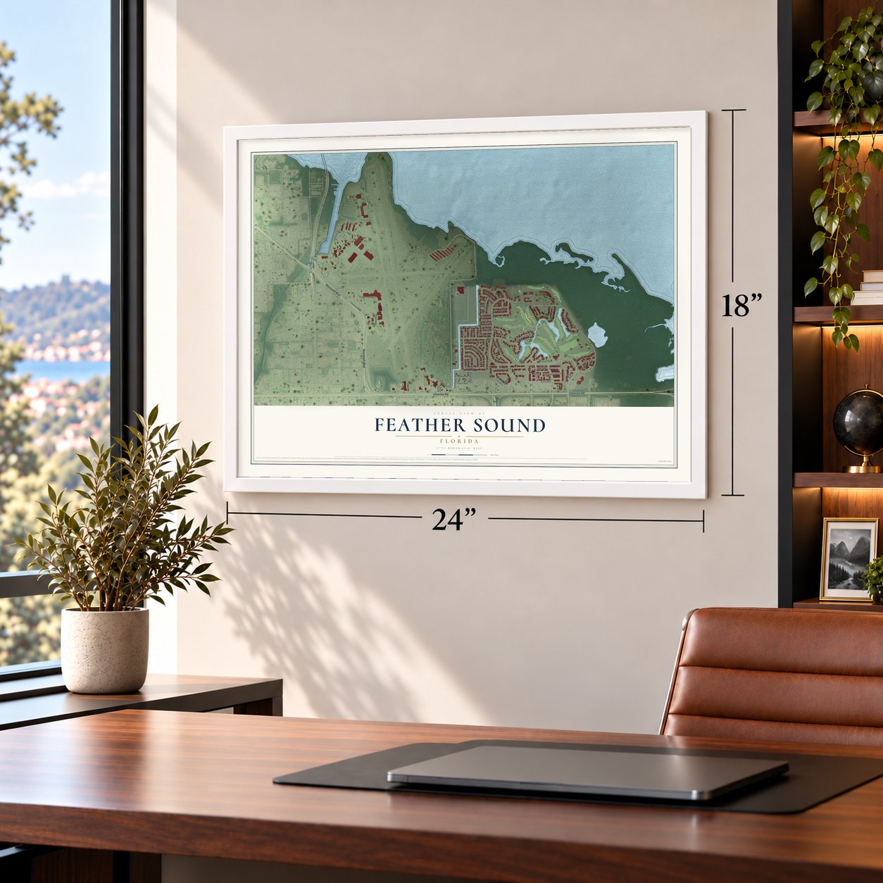Feather Sound, Florida map, 18 x 24 inch print in a white frame in a home office
