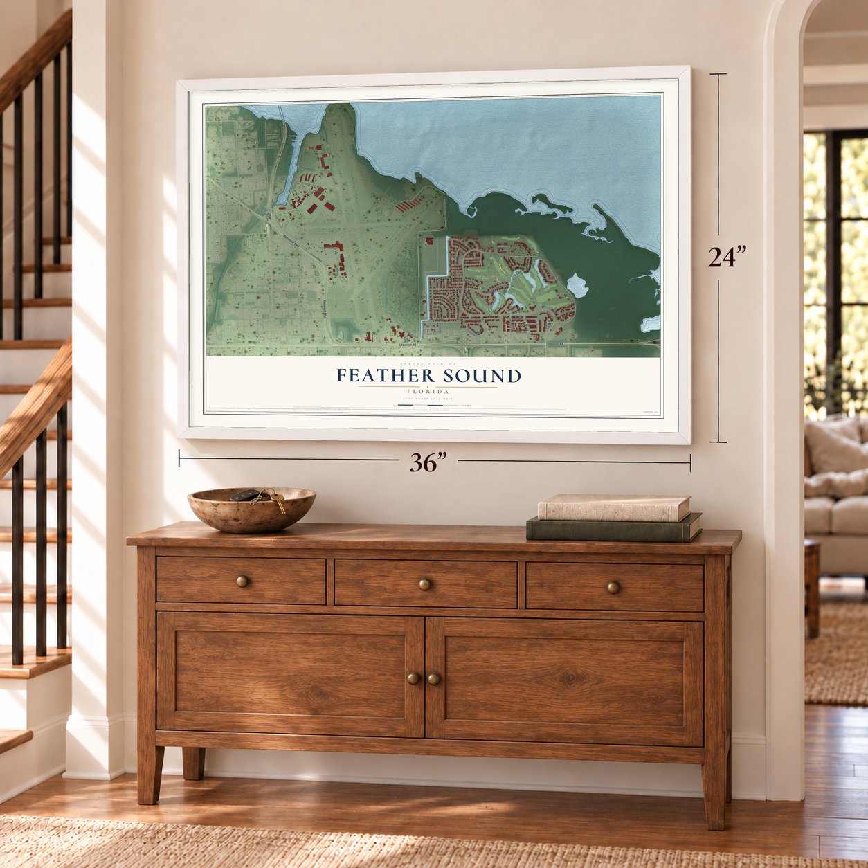 Feather Sound, Florida map, 24 x 36 inch print in a white frame above a dresser by a staircase