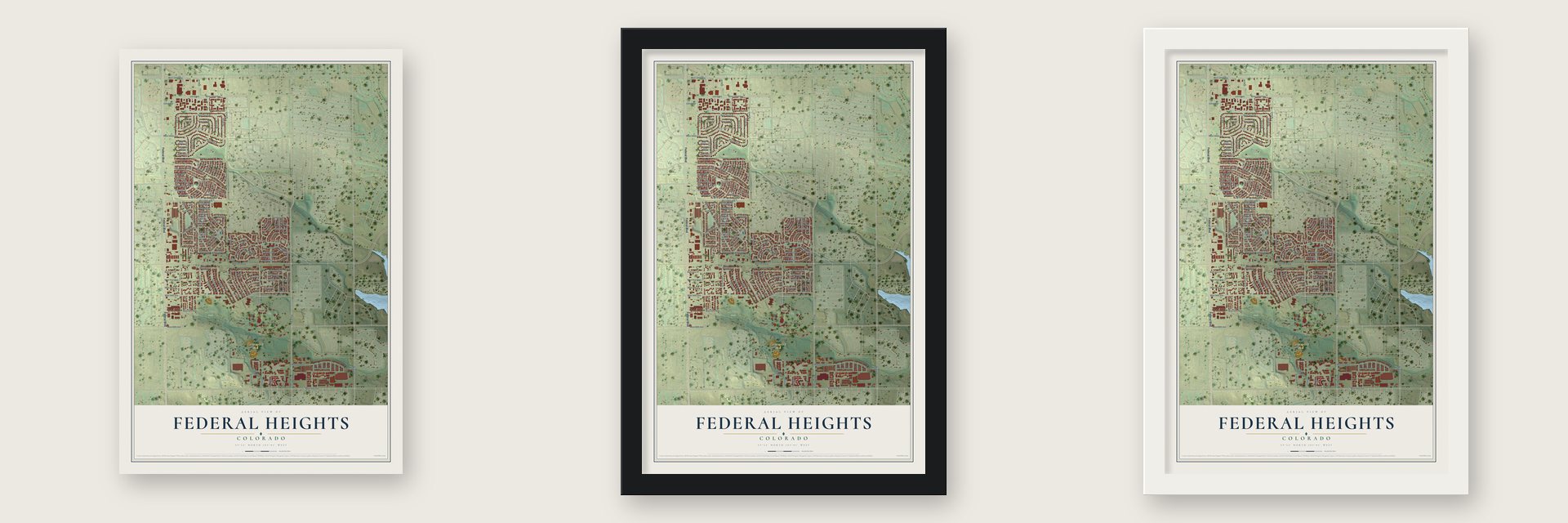 Federal Heights, Colorado map unframed, in a black wood frame and in a white wood frame