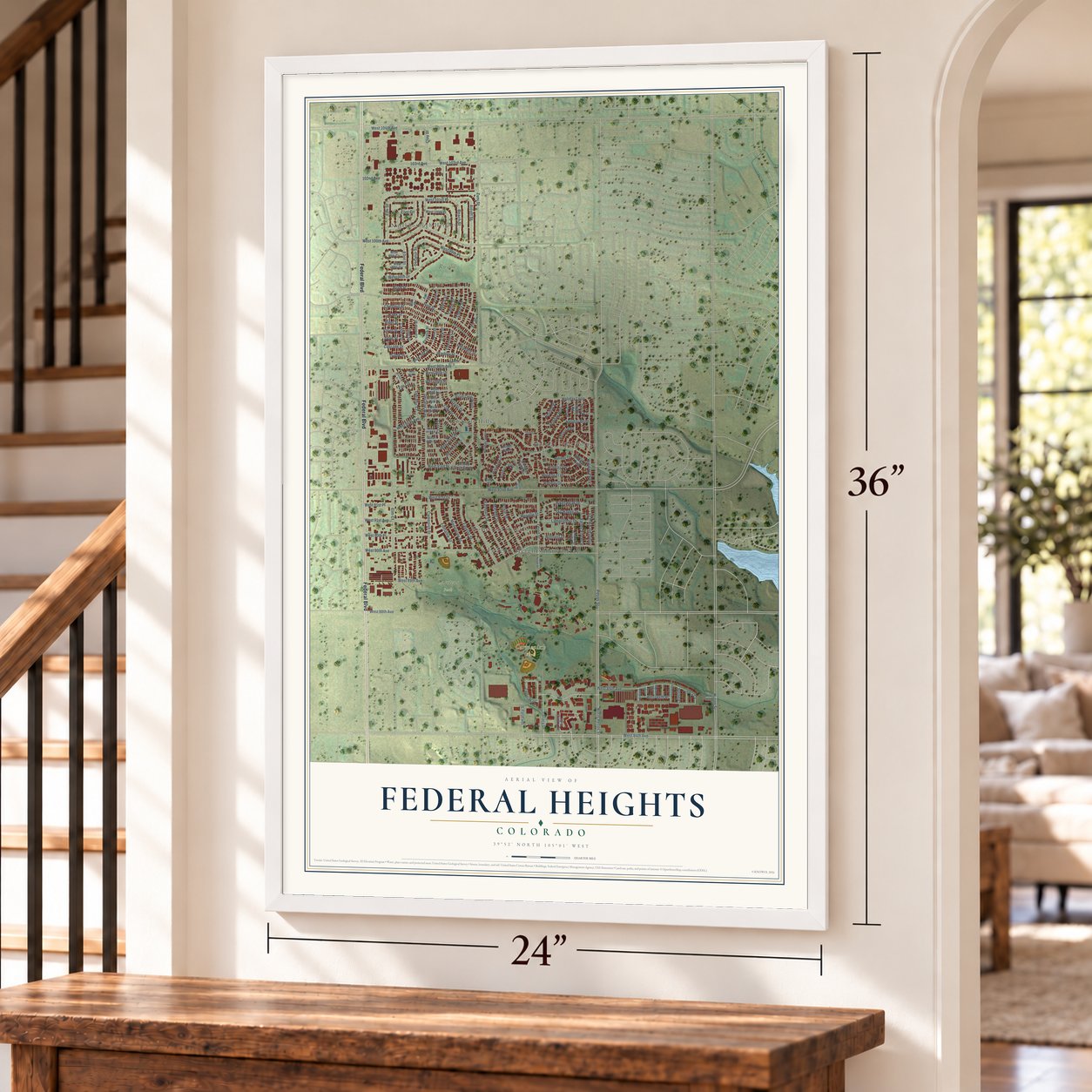 Federal Heights, Colorado map, 24 x 36 inch print in a white frame by a staircase