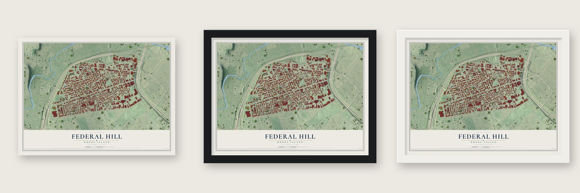 Federal Hill, Rhode Island map unframed, in a black wood frame and in a white wood frame