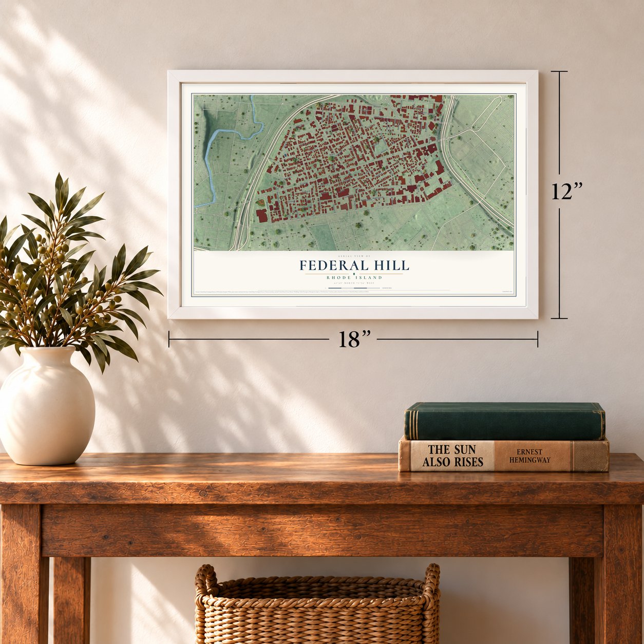 Federal Hill, Rhode Island map, 12 x 18 inch print in a white frame in an entryway