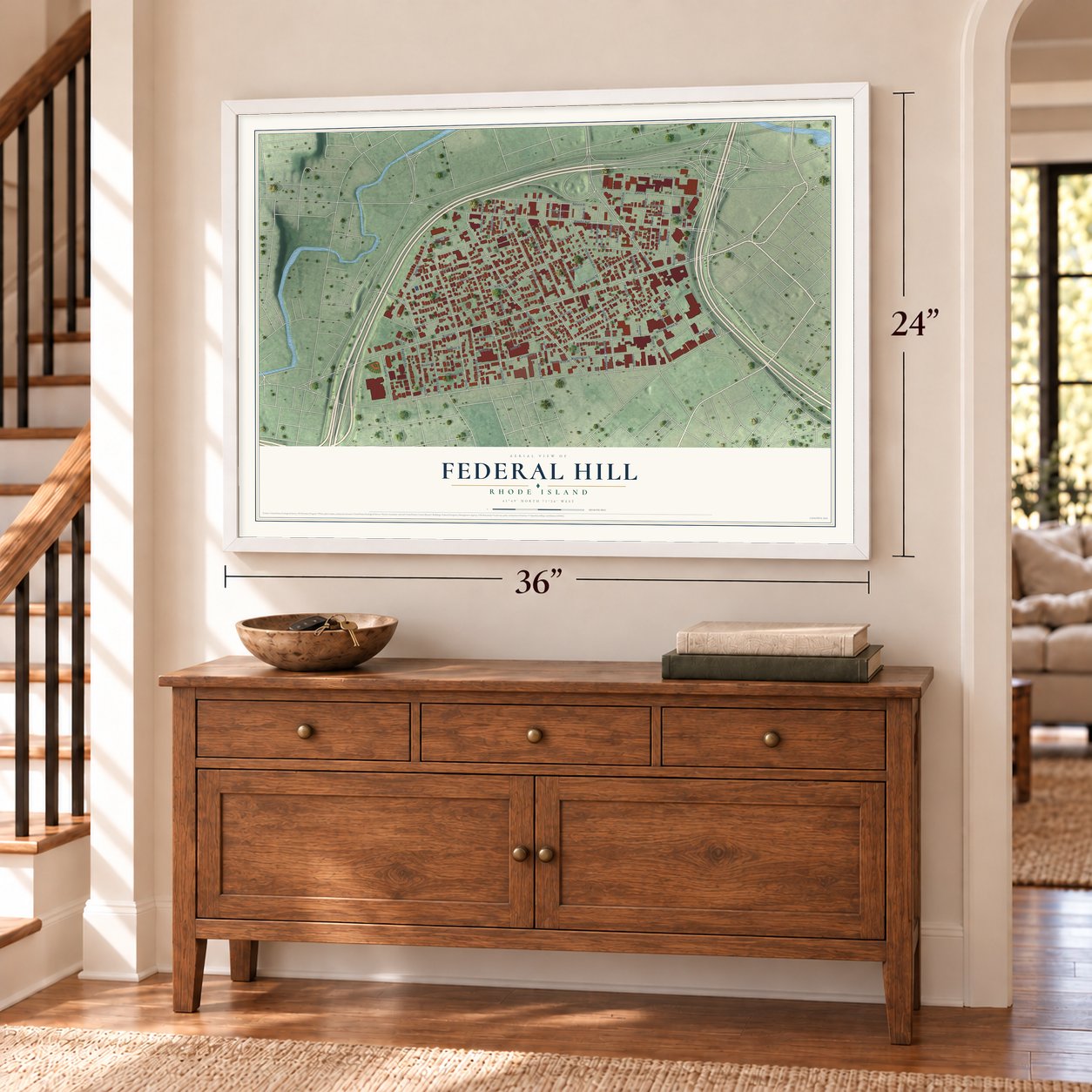 Federal Hill, Rhode Island map, 24 x 36 inch print in a white frame above a dresser by a staircase