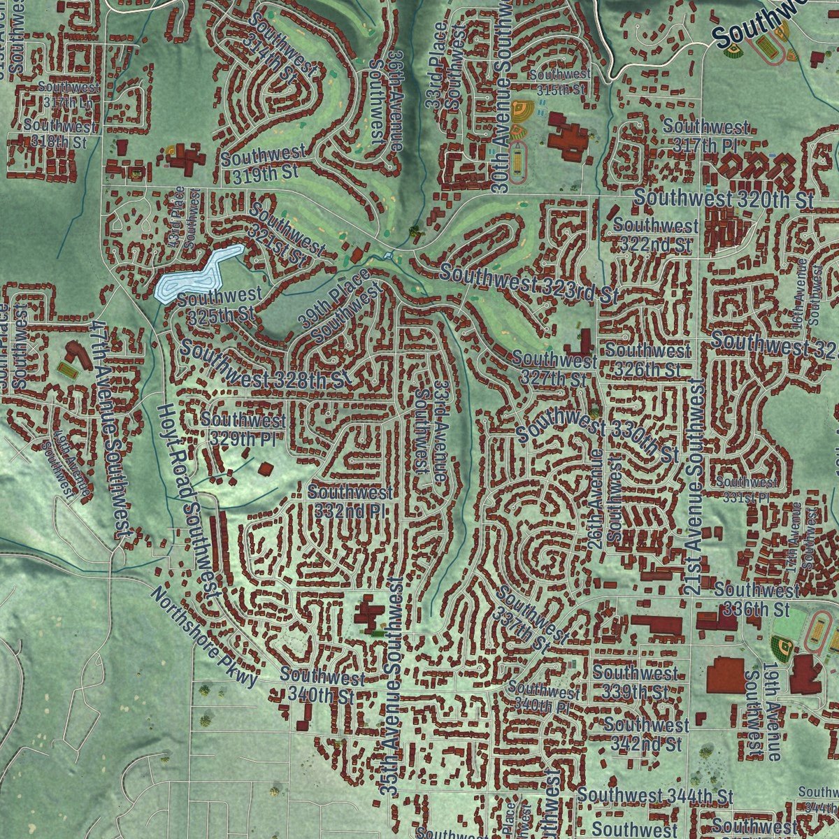 Second close-up of the map of Federal Way, Washington print showing more streets and buildings