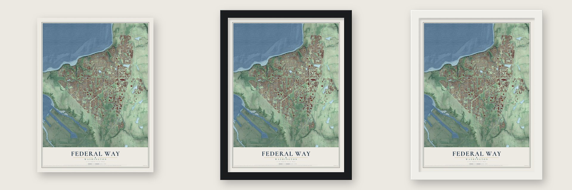 Federal Way, Washington map unframed, in a black wood frame and in a white wood frame