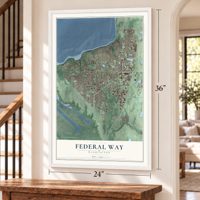 Federal Way, Washington map, 24 x 36 inch print in a white frame by a staircase