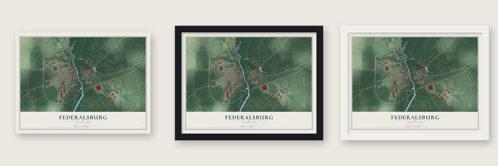 Federalsburg, Maryland map unframed, in a black wood frame and in a white wood frame