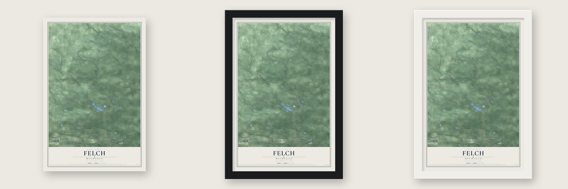 Felch, Michigan map unframed, in a black wood frame and in a white wood frame