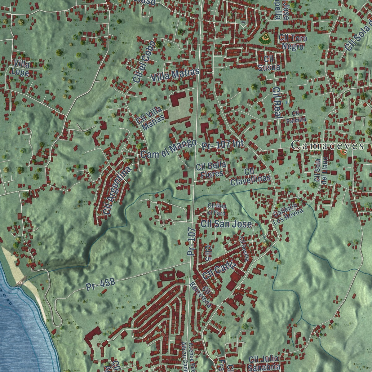 Second close-up of the map of Feliciano, Puerto Rico print showing more streets and buildings