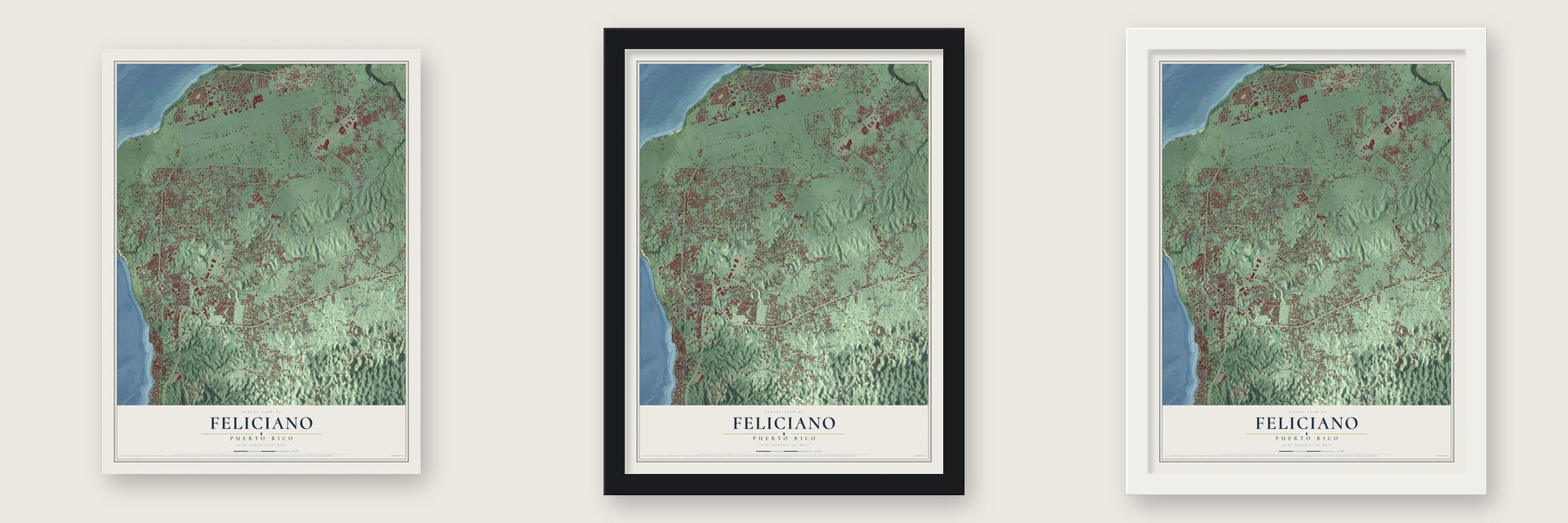 Feliciano, Puerto Rico map unframed, in a black wood frame and in a white wood frame