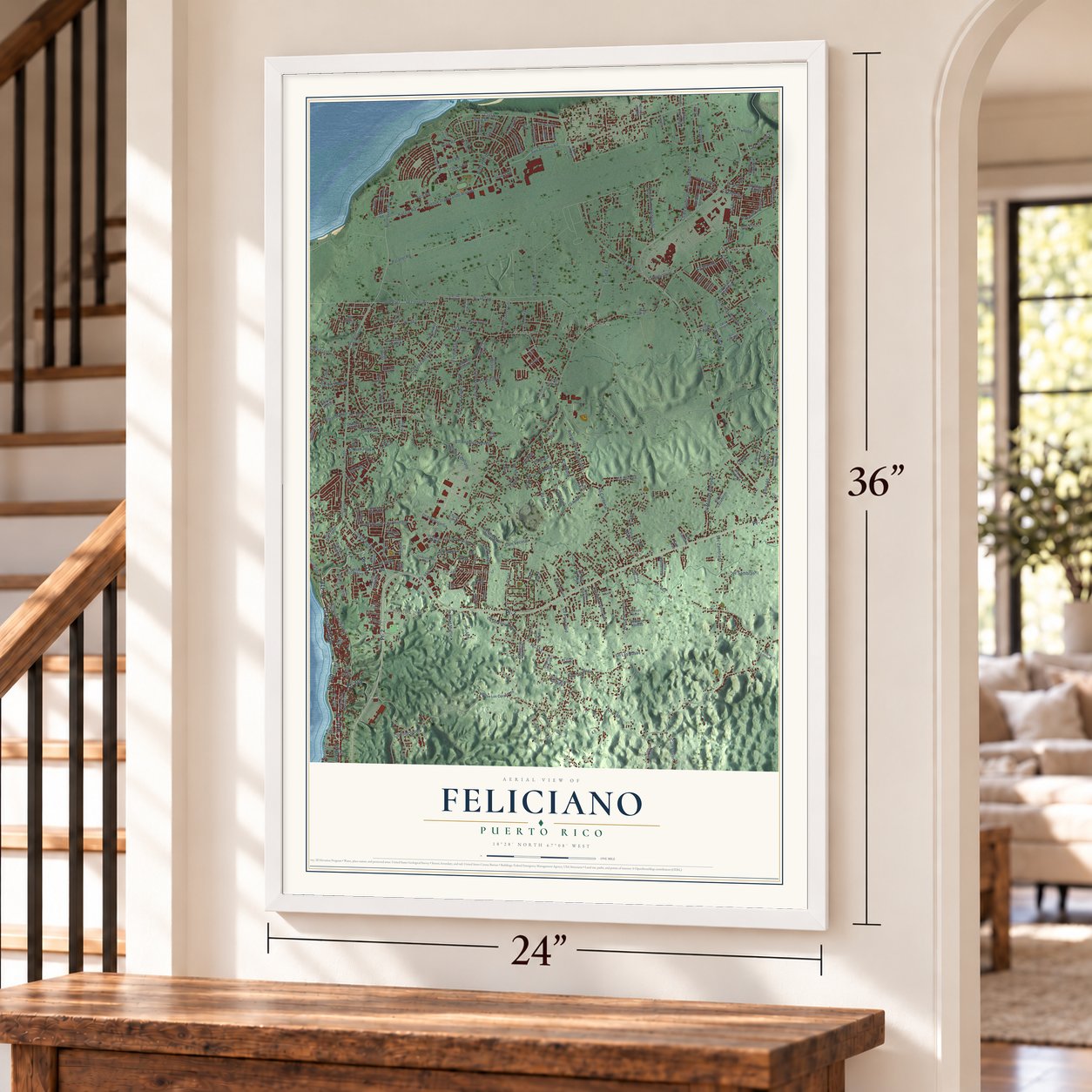 Feliciano, Puerto Rico map, 24 x 36 inch print in a white frame by a staircase