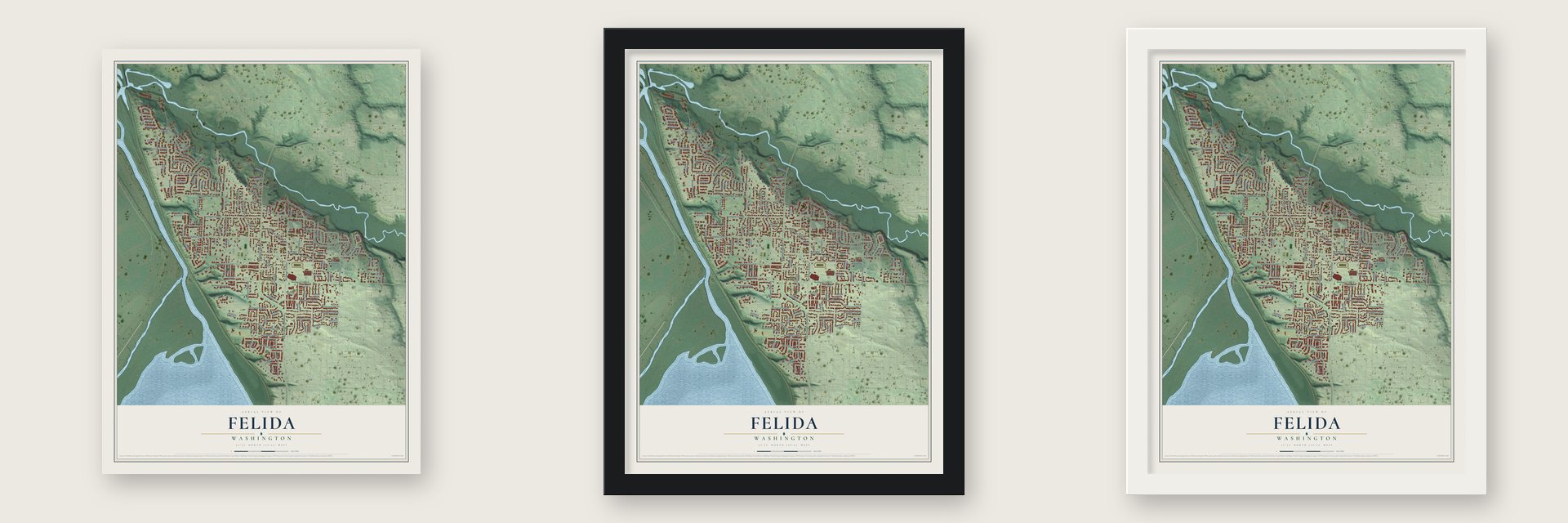 Felida, Washington map unframed, in a black wood frame and in a white wood frame