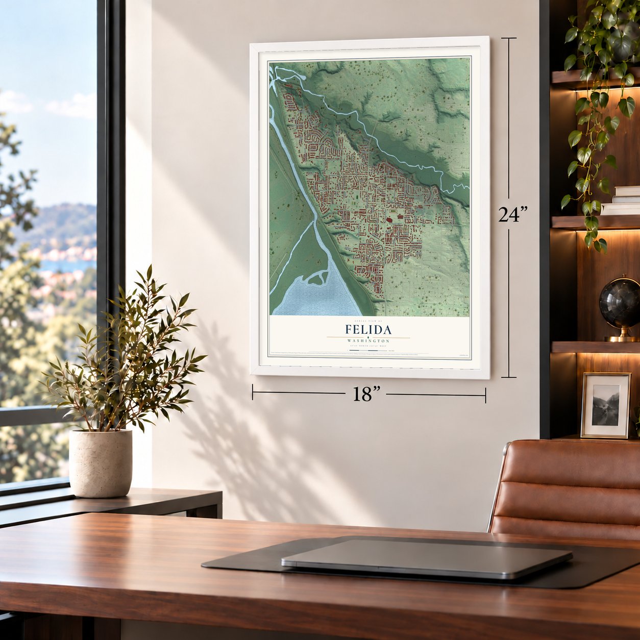 Felida, Washington map, 18 x 24 inch print in a white frame in a home office