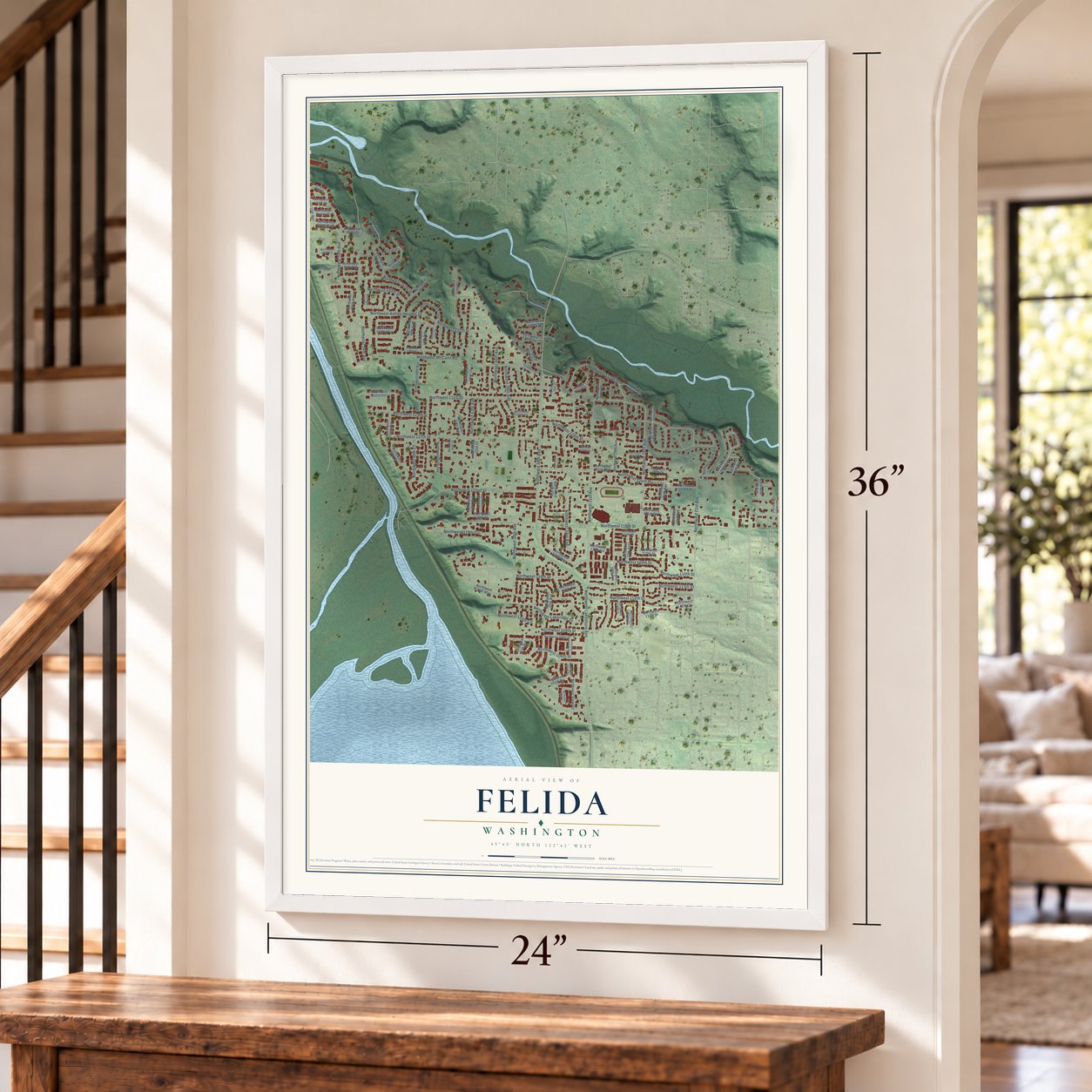 Felida, Washington map, 24 x 36 inch print in a white frame by a staircase
