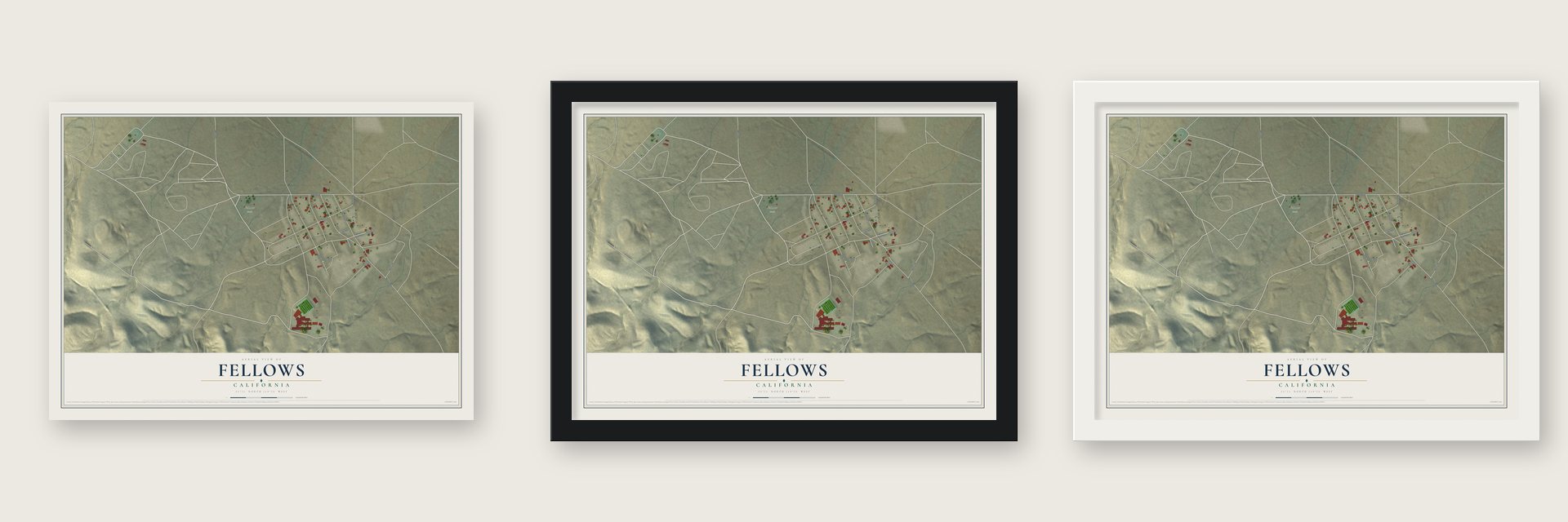 Fellows, California map unframed, in a black wood frame and in a white wood frame