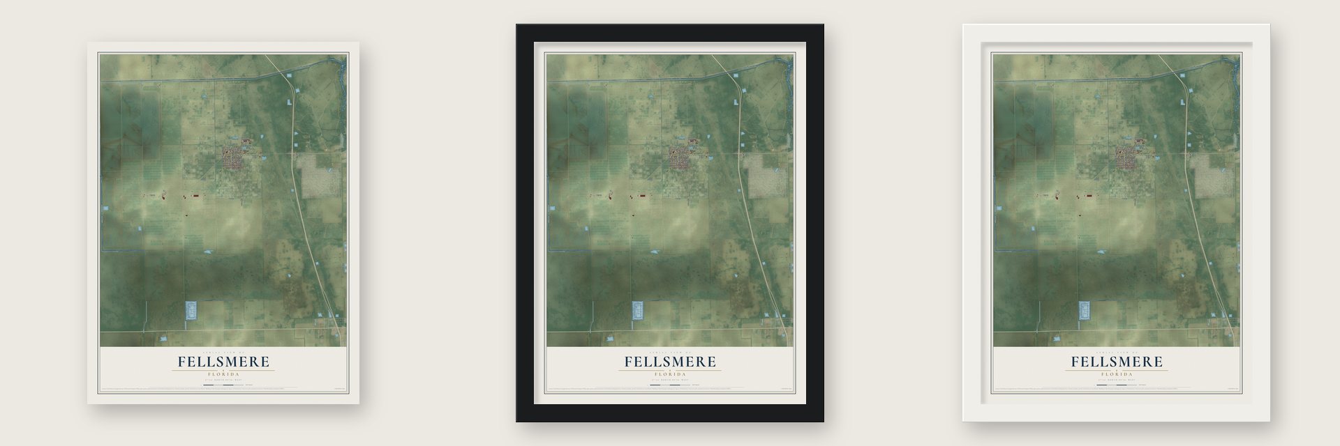 Fellsmere, Florida map unframed, in a black wood frame and in a white wood frame