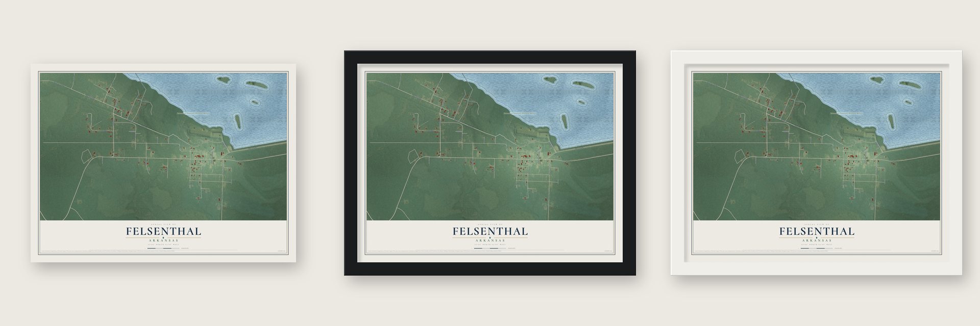 Felsenthal, Arkansas map unframed, in a black wood frame and in a white wood frame