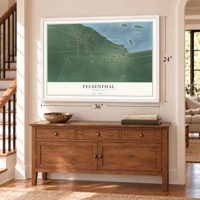 Felsenthal, Arkansas map, 24 x 36 inch print in a white frame above a dresser by a staircase