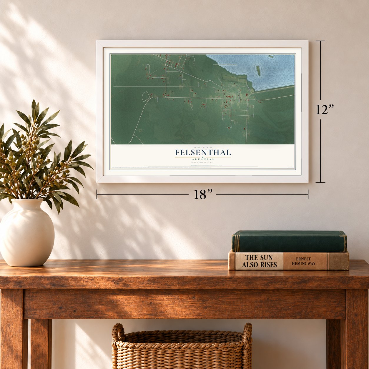 Felsenthal, Arkansas map, 12 x 18 inch print in a white frame in an entryway