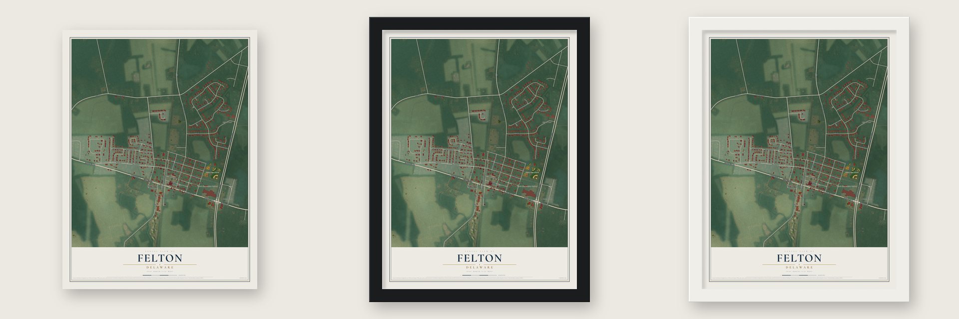 Felton, Delaware map unframed, in a black wood frame and in a white wood frame