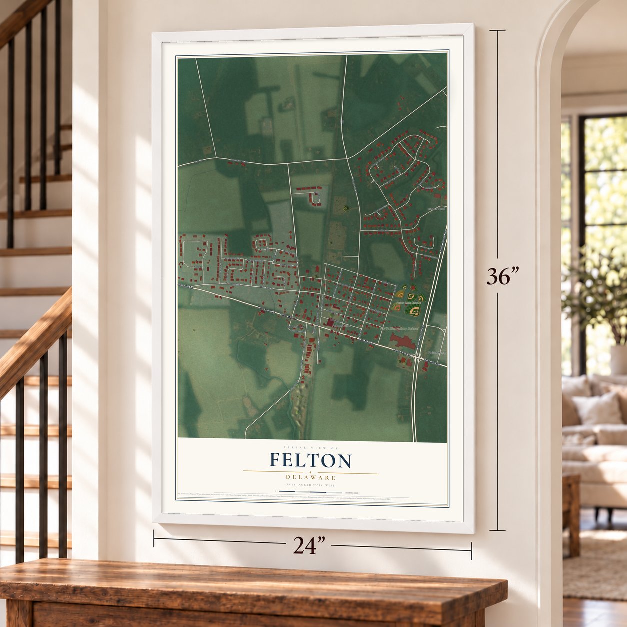Felton, Delaware map, 24 x 36 inch print in a white frame by a staircase