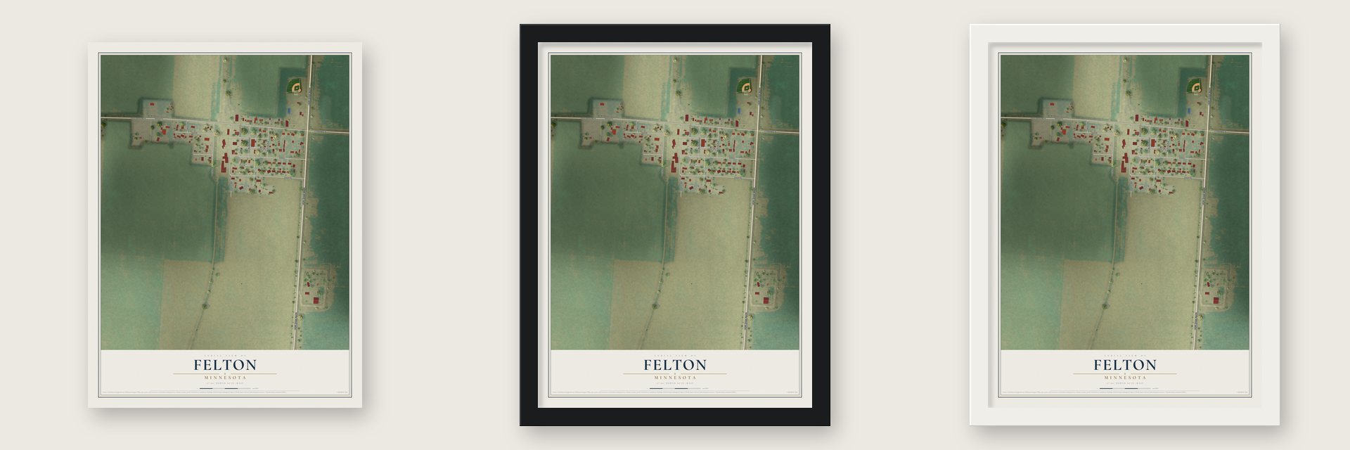 Felton, Minnesota map unframed, in a black wood frame and in a white wood frame