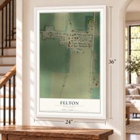 Felton, Minnesota map, 24 x 36 inch print in a white frame by a staircase