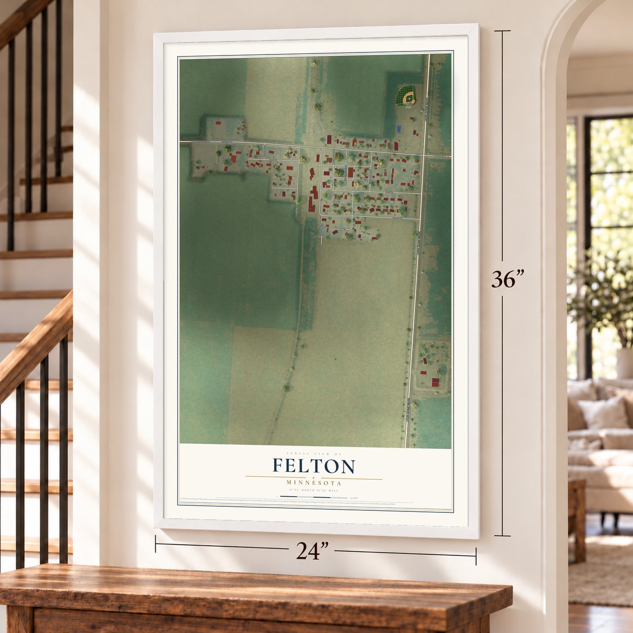 Felton, Minnesota map, 24 x 36 inch print in a white frame by a staircase